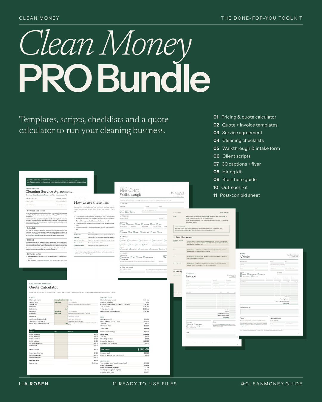 The Clean Money PRO Bundle: calculator, templates, agreement, checklists and kits